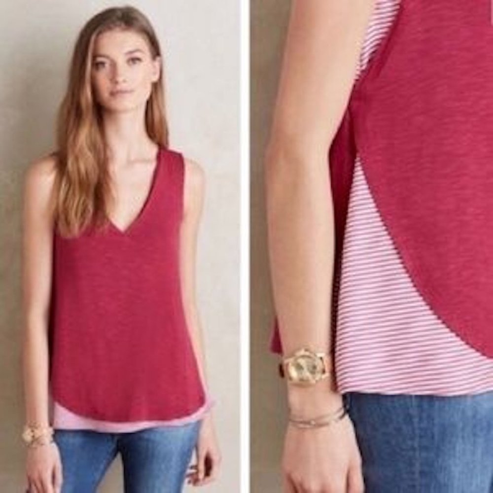 ANTHROPOLOGIE Deletta Weekdays Layered Top L Berry Overlay Striped Sleveless Top